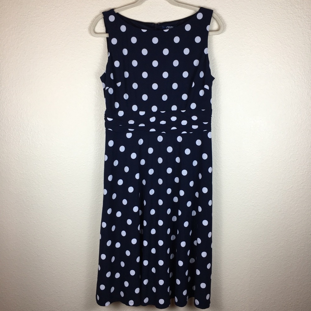 Chaps Women's Sleeveless Blue with White Polka Dot Dress Size Large